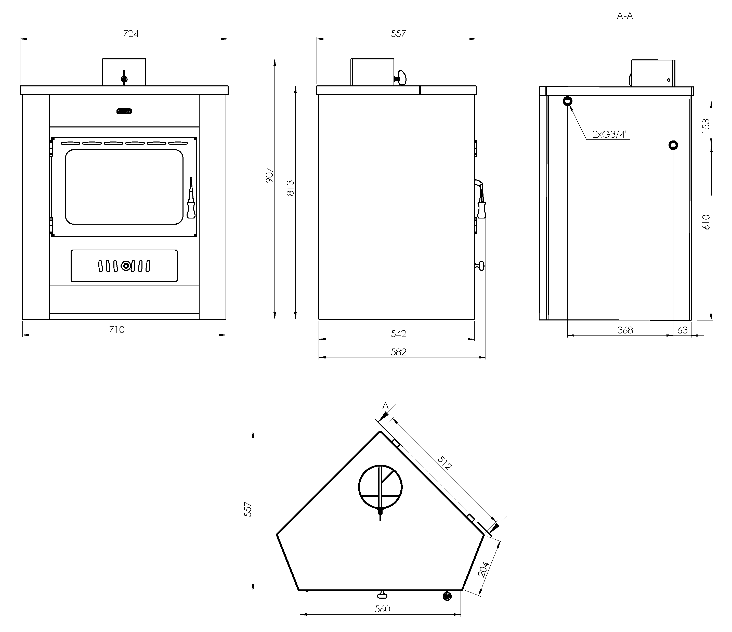 Poêle à bois bouilleur Prity AM W12, 6 kW + 7,30 kW