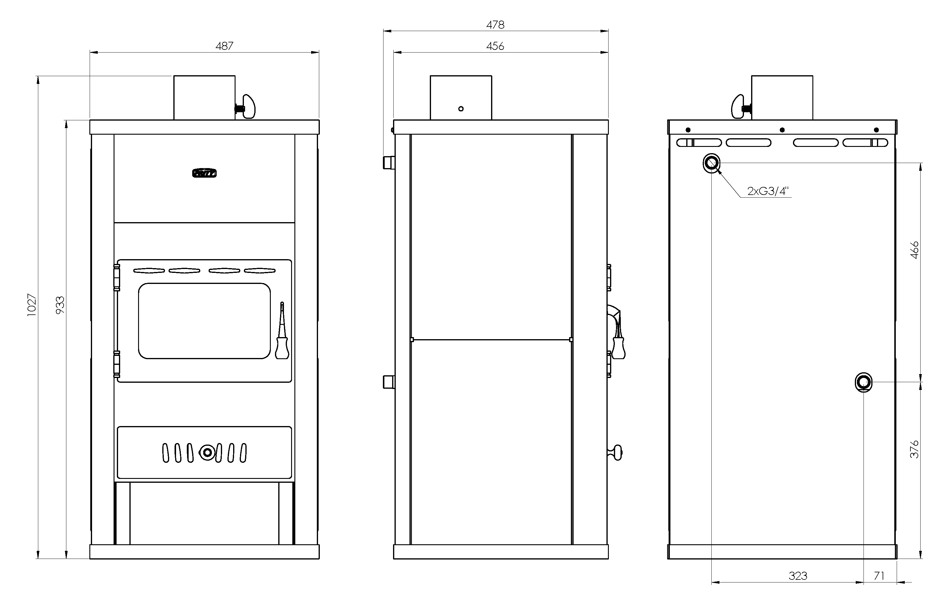 Poêle à bois bouilleur Prity S3 W13, 5 kW + 10 kW