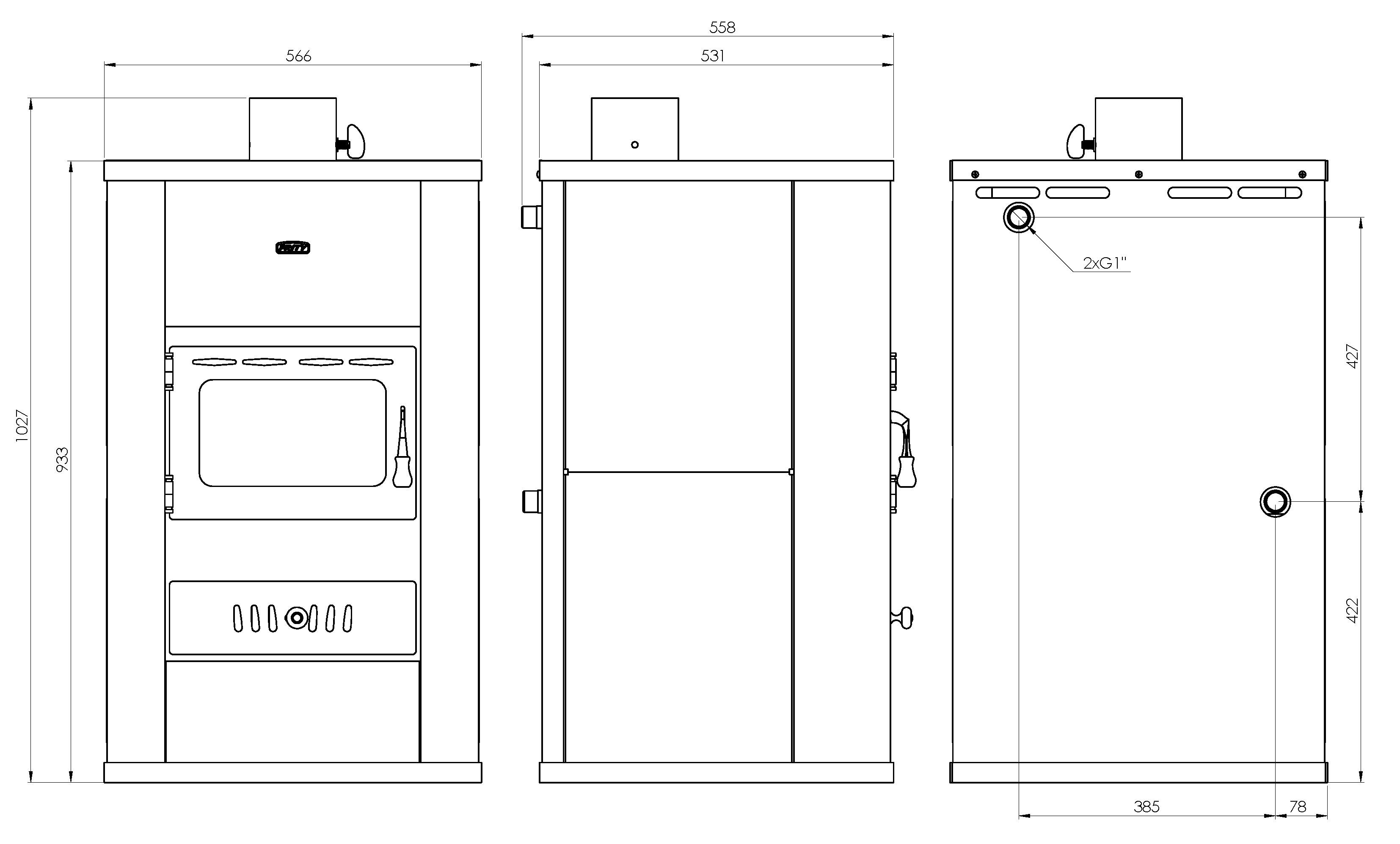 Poêle à bois bouilleur Prity S3 W17, 5 kW + 14 kW